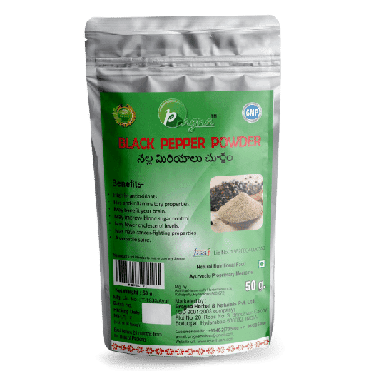 Pragna Black Pepper powder is 100% pure and natual. Antioxidants are plentiful in black pepper. They help to decrease cholesterol levels, improve digestion, and control blood sugar levels.