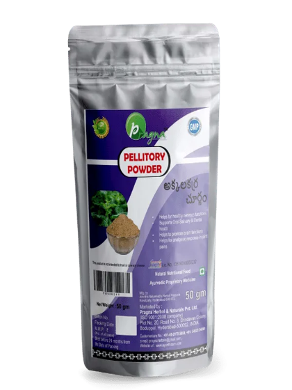 Pragna’s Akkalakarra powder possesses antioxidant and analgesic qualities that improve oral gland and dental health and aids in healthy nervous activity.