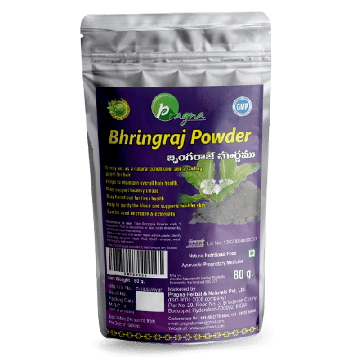 Pragna Bringraj powder is 100% pure and natural.Bhringraj powder is very beneficial to prevent hair fall due to its Keshya (hair growth enhancer) property.