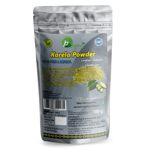 Pragna Karela Powder is 100% pure and natural. It is useful in treating various skin infections like ringworm, psoriasis, and itching. Karela juice adds lustre to the hair and combats dandruff, hair loss, and split-ends. - Image 3