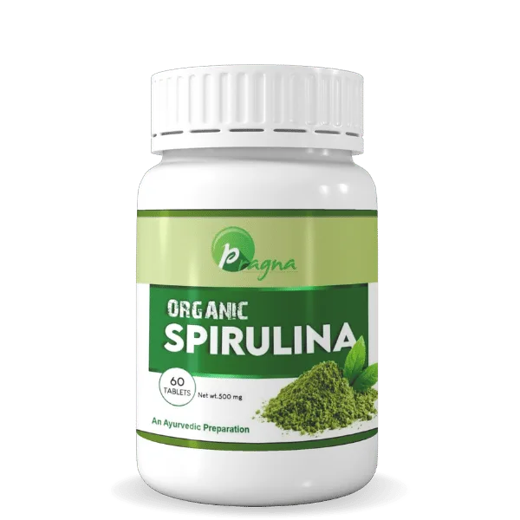 Pragna’s natural spirulina tablets contain chlorophyll, which helps in detoxifying skin, and management of dark circles.