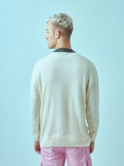 Bewakoof Men's Solid Oversized Fit Full Sleeve Round Neck Acrylic Flatknit Sweater - Image 2