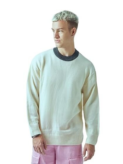 Bewakoof Men's Solid Oversized Fit Full Sleeve Round Neck Acrylic Flatknit Sweater