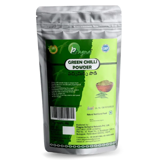 Pragna Green Chilli powder is 100% pure and natural. Green chillies include beta-carotene, which helps in the correct functioning of your heart and lungs. - Image 3