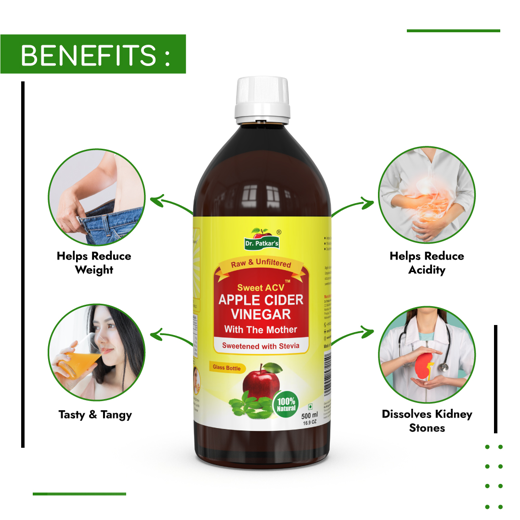 Dr. Patkar's Apple Cider Vinegar with Stevia 500ml | Unfiltered and Undiluted | Suitable for Weight Loss, Immunity (With Mother) Naturally Sweetened (Sugar Free) 500ML - Image 3