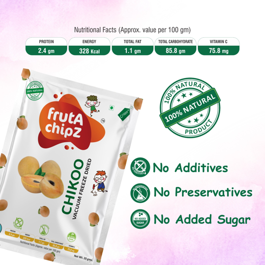 frutA chipZ  Dried Chikoo for Kids and Adults | 100% Natural | Healthy Chikoo Fruit Chips | Vacuum Freeze-Dried Fruit Slices | Pack of 5| 100 Gms | Ready to Eat | Crunchy - Image 3