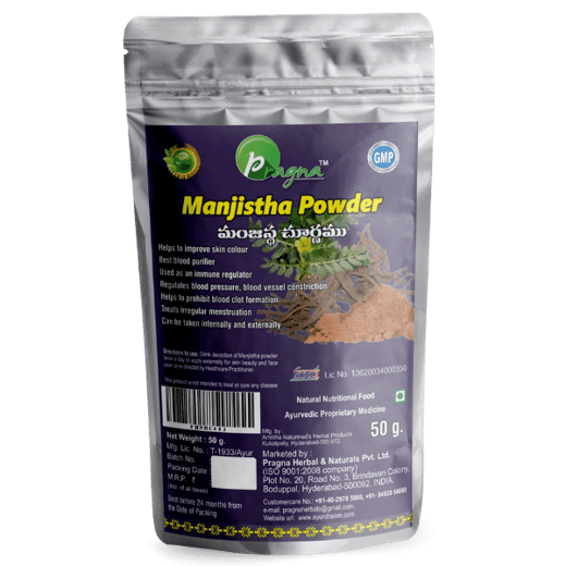 Pragna Manjistha Powder is 100% pure and natural. Manjistha also has the properties of Raktashodhak (blood purifier) and Pitta balance, which help in blood purification and liver function improvement.
